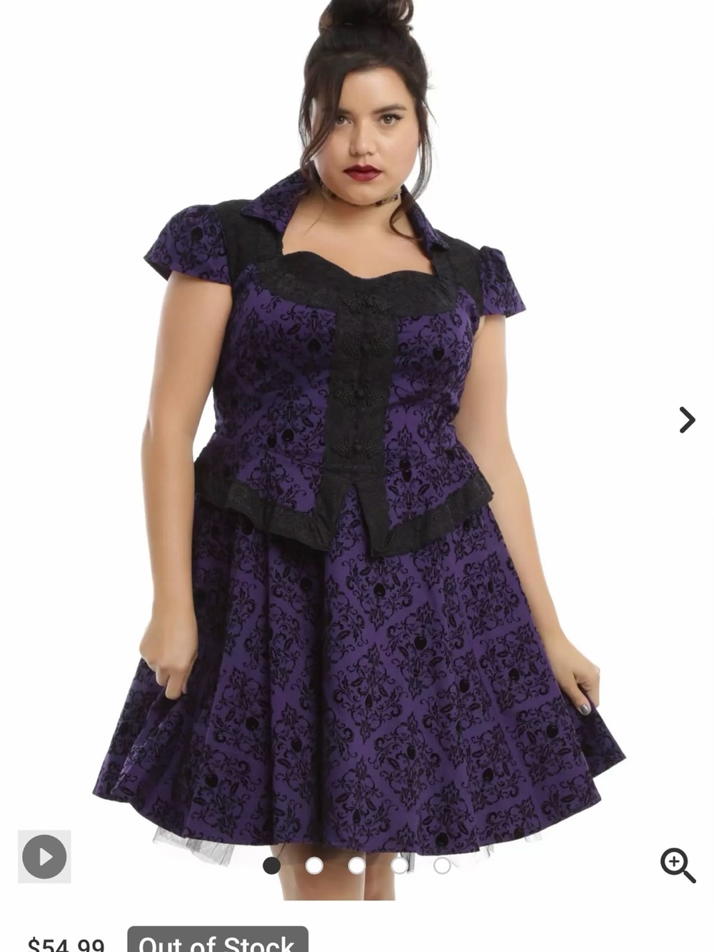 Purple Lace-Print Fit & Flare Dress with Black Trim